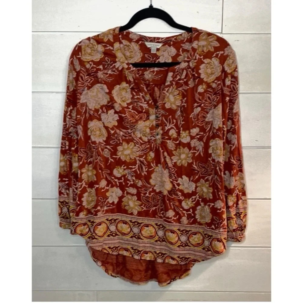 Lucky Brand Burnt Orange Floral Blouse with Mandarin Collar. Size L.